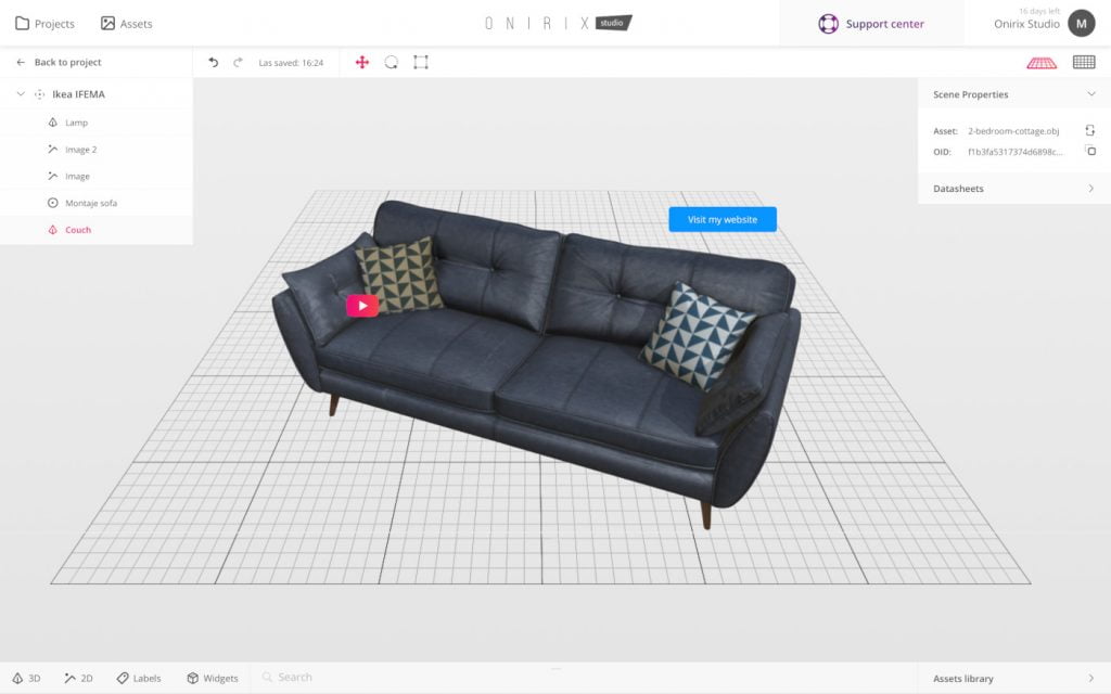 3d model of a sofa with labels